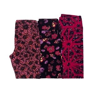 LuLaRoe Lot of 3 Leggings One Size Floral Black Raspberry Pink Flowers Lilac
